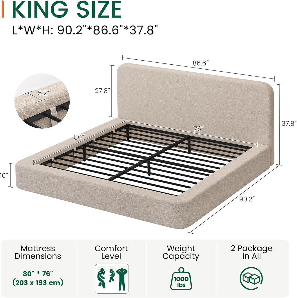 LARMACE King Upholstered Platform Bed Frame with Padded Headboard