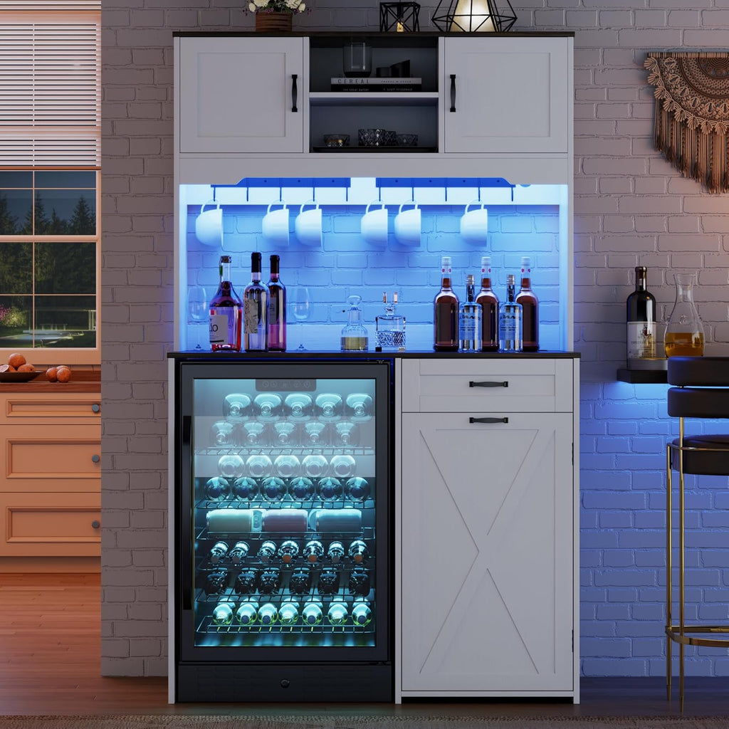 73'' White Pantry Cabinet with Fridge Space - Farmhouse Kitchen Pantry Storage Cabinet with Outlet & Led Light, Tall Pantry Cabinet with Hooks & Shelf Guardrail, Kitchen Hutches with Microwave Stand
