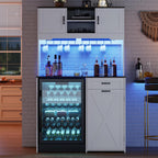 73'' White Pantry Cabinet with Fridge Space - Farmhouse Kitchen Pantry Storage Cabinet with Outlet & Led Light, Tall Pantry Cabinet with Hooks & Shelf Guardrail, Kitchen Hutches with Microwave Stand