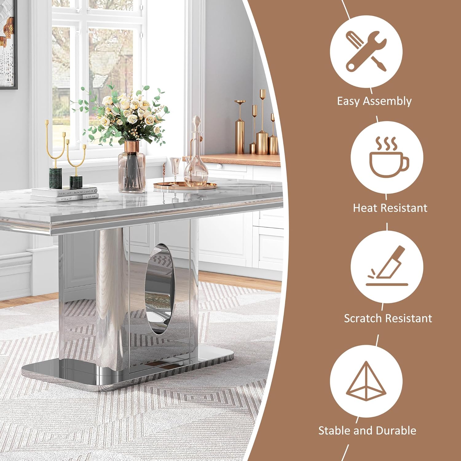 AF ARTISAN FURNITURE 7 Piece White Marble Dining Table, 70'' Rectangle Faux Marble Kitchen Table Set for 6 with Silver Mirrored Finish Stainless Steel Chairs, Luxury Dining Room Table Set for 6