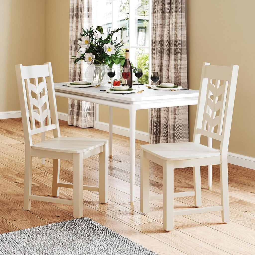 GIANTEX Wooden Dining Chairs Set of 2, Kitchen Chair w/Rubber Wood Frame & Leaf-Shaped High Back, Max Load 400 LBS, Farmhouse Armless Dinette Side Chairs for Living Room Restaurant, Cream White