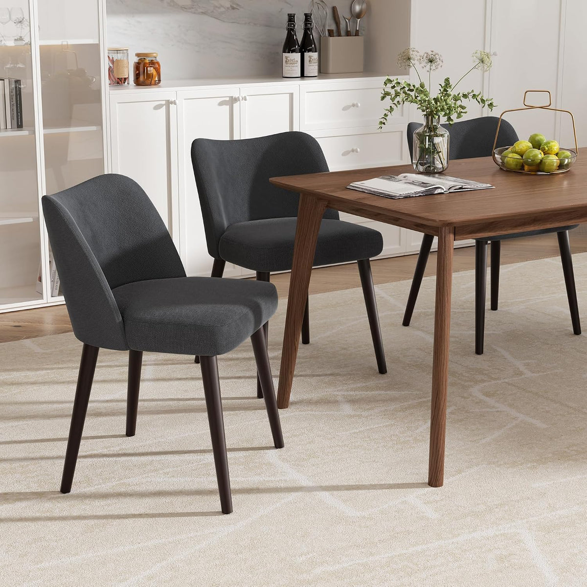 Modern Fabric Upholstered Dining Chairs Mid Century Farmhouse Dinner Chair with Padded Seat and Wood Legs Kitchen Side Chair for Dining Room Restaurant Cafe Darkgrey Set of 2