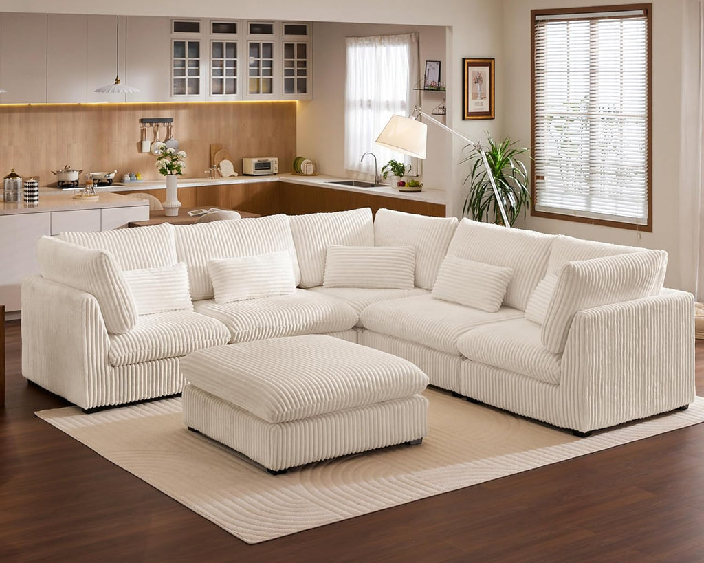 115" Oversize Corduroy Modular Sectional Sofa Couches for Living Room,White | Washable Couch with Fully Removable Cover, Cloud Couch Sectional, 5 Seater with Ottoman, Corner & V-Shaped