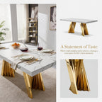 7 Piece Dining Table Set, White 70" Marble Dining Table with 6 Beige Velvet Chairs, Luxury Faux Marble Dining Room Table Set for 6, Modern Kitchen Table and Chairs Set for Home Furniture