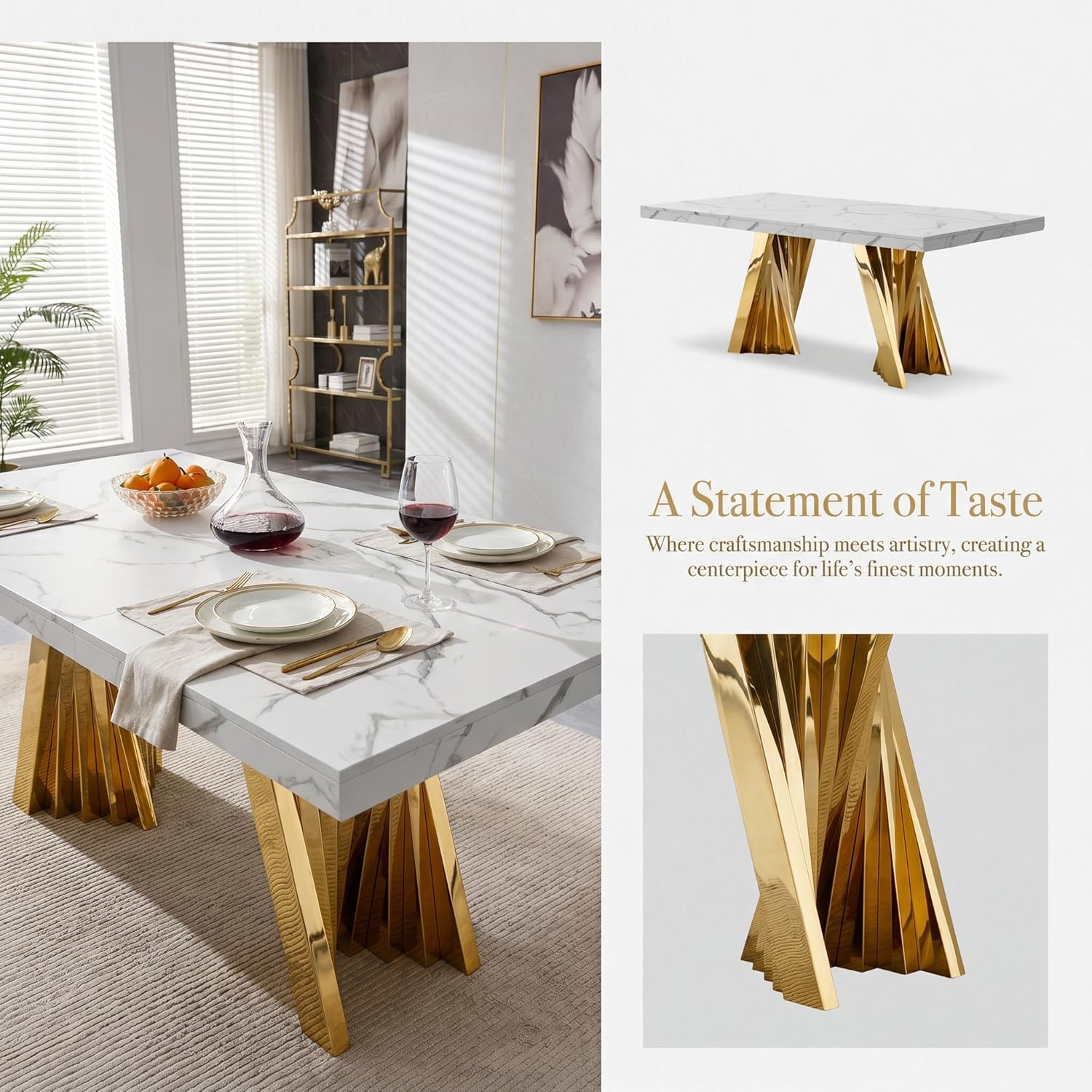 7 Piece Dining Table Set, White 70" Marble Dining Table with 6 Beige Velvet Chairs, Luxury Faux Marble Dining Room Table Set for 6, Modern Kitchen Table and Chairs Set for Home Furniture