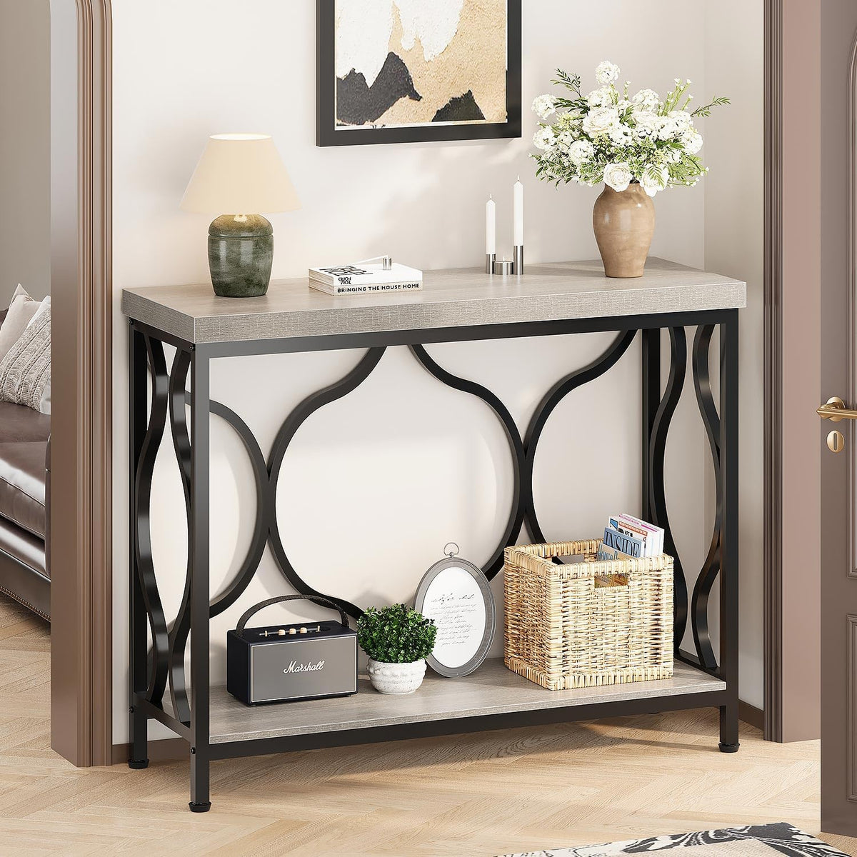 IBF Narrow Entryway Table with Storage, Modern Wood Metal Console Sofa Table Behind Couch Tables, Industrial Narrow Hallway Table for Living Room Home Office Foyer Entry Way Entrance, Grey, 39.4 Inch