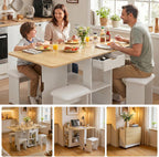 Mondeer Folding Dining Table and Chairs Set 4, 55" Space Saving Table with 4 Cushioned Stools, 2 Drawers and Storage Shelves, Foldable Table and Chairs for Kitchen Dining Room Living Room