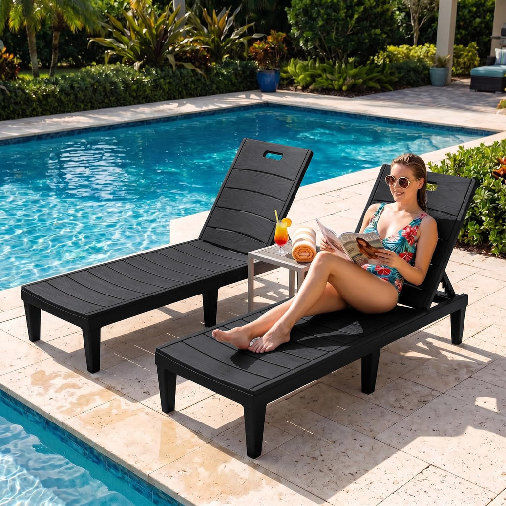 Greesum 2-Pack Adjustable Chaise Lounges, Black | 5-Pos Recline, Waterproof PP, UV-Resist, Easy-Clean, for Pool/Patio/Beach, Tool-Free
