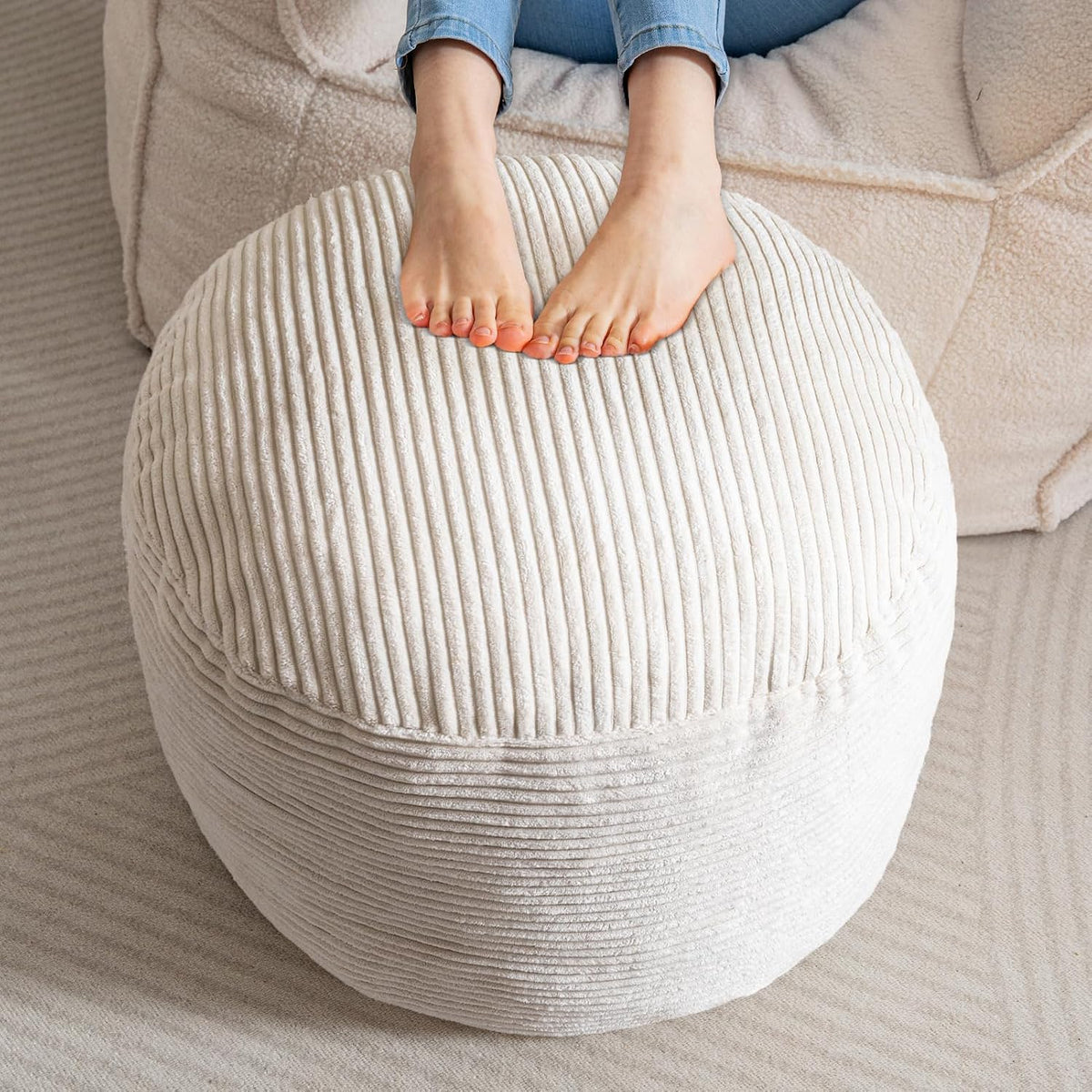 HIGOGOGO Round Stuffed Pouf Ottoman, Corduroy Poufs with Foam Chunk Filling, Furry and Fluffy Pouf Foot Stool Storage Ottoman, 20 X 15 Floor Poufs Foot Rest for Living Room, Beige
