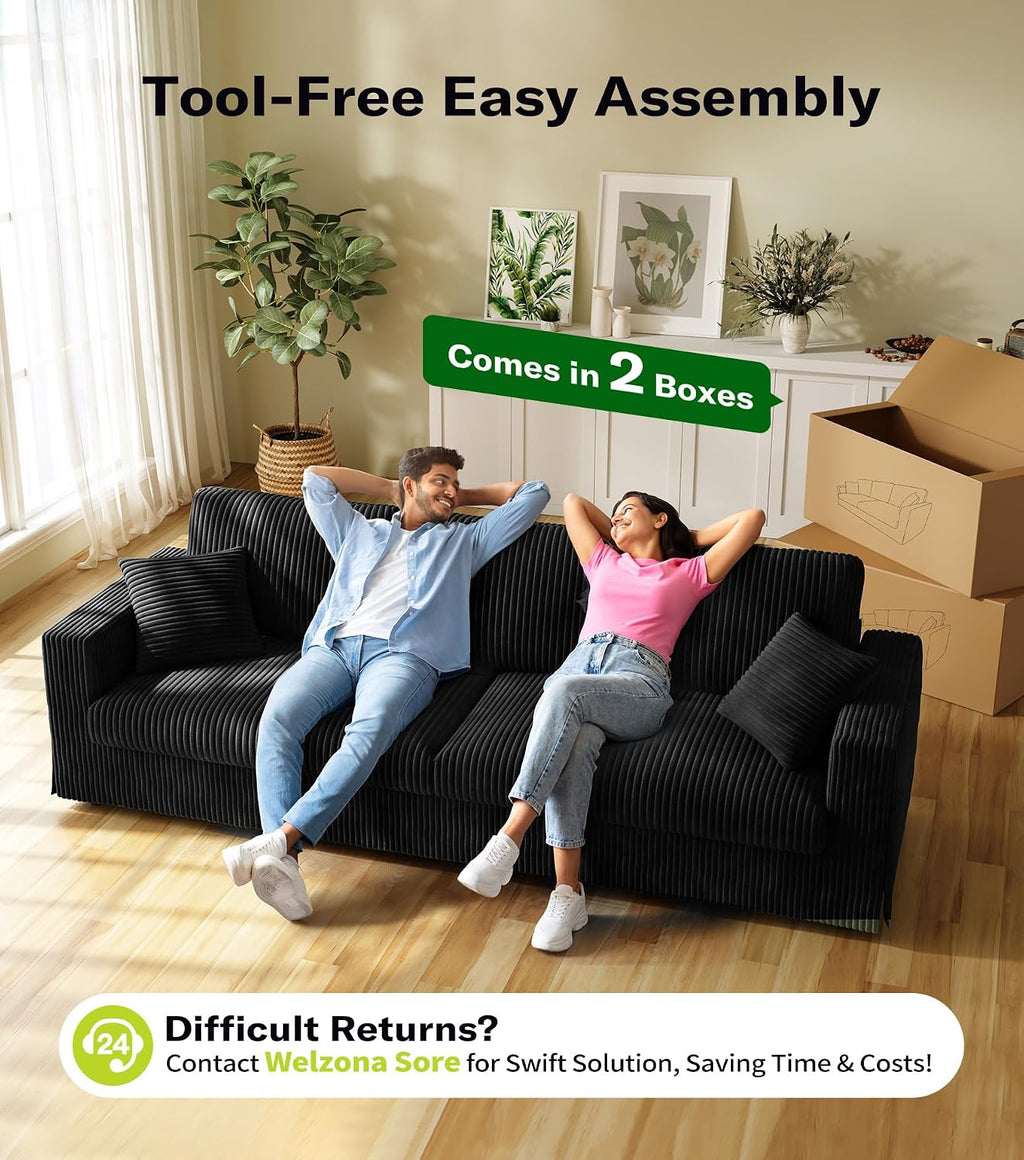 Welzona 101" Sofas for Living Room, Oversized Couch,Couches for Living Room | Comfy Corduroy Couch, Tool-Free Setup Sofa Couch, 6.3" Extra Wide Armrest, All-Wood Modern Couch For Bedroom, 2 Pillow, Black