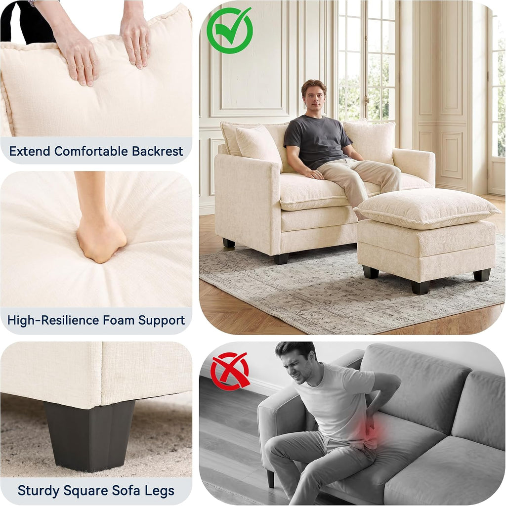 L-Shape Loveseat Sofa Couch with Ottoman, Small 50" Love Seat 27" Deep Cloud Sofa Washable Chenille Pillow for Apartment Bedroom Dorm Attic Studio Office Living Room Small Space 50-Beige-L-1