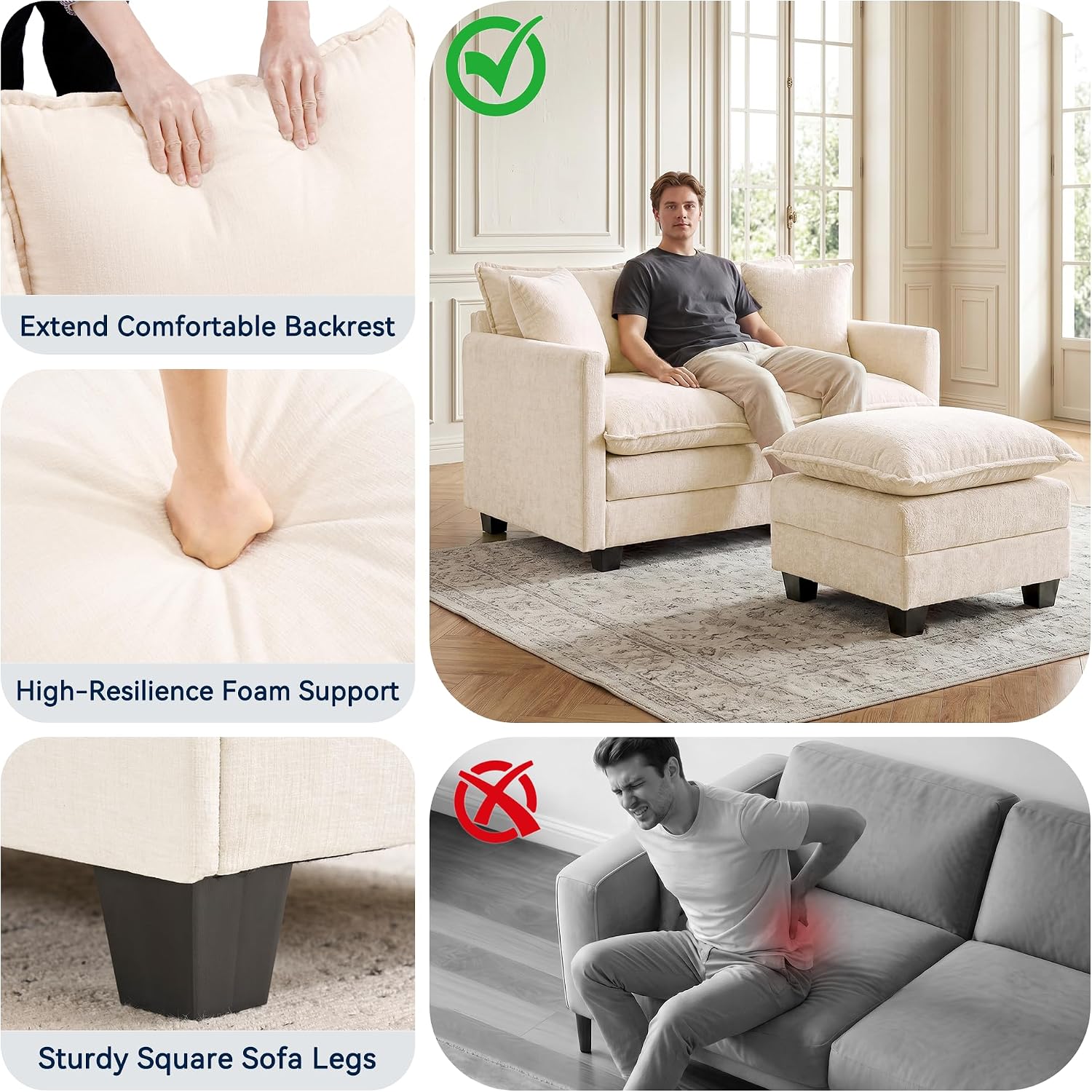 L-Shape Loveseat Sofa Couch with Ottoman, Small 50" Love Seat 27" Deep Cloud Sofa Washable Chenille Pillow for Apartment Bedroom Dorm Attic Studio Office Living Room Small Space 50-Beige-L-1