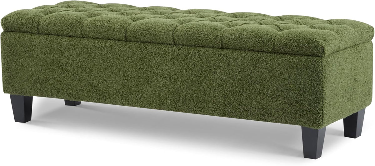 Christopher Knight Home Ottilie Boucle Fabric Storage Ottoman Bench, Wooden Rectangular Ottoman with Storage, Bedroom End of Bed Foot Stool, Entryway Ottoman Footrest, Living Room Extra Seat, Green
