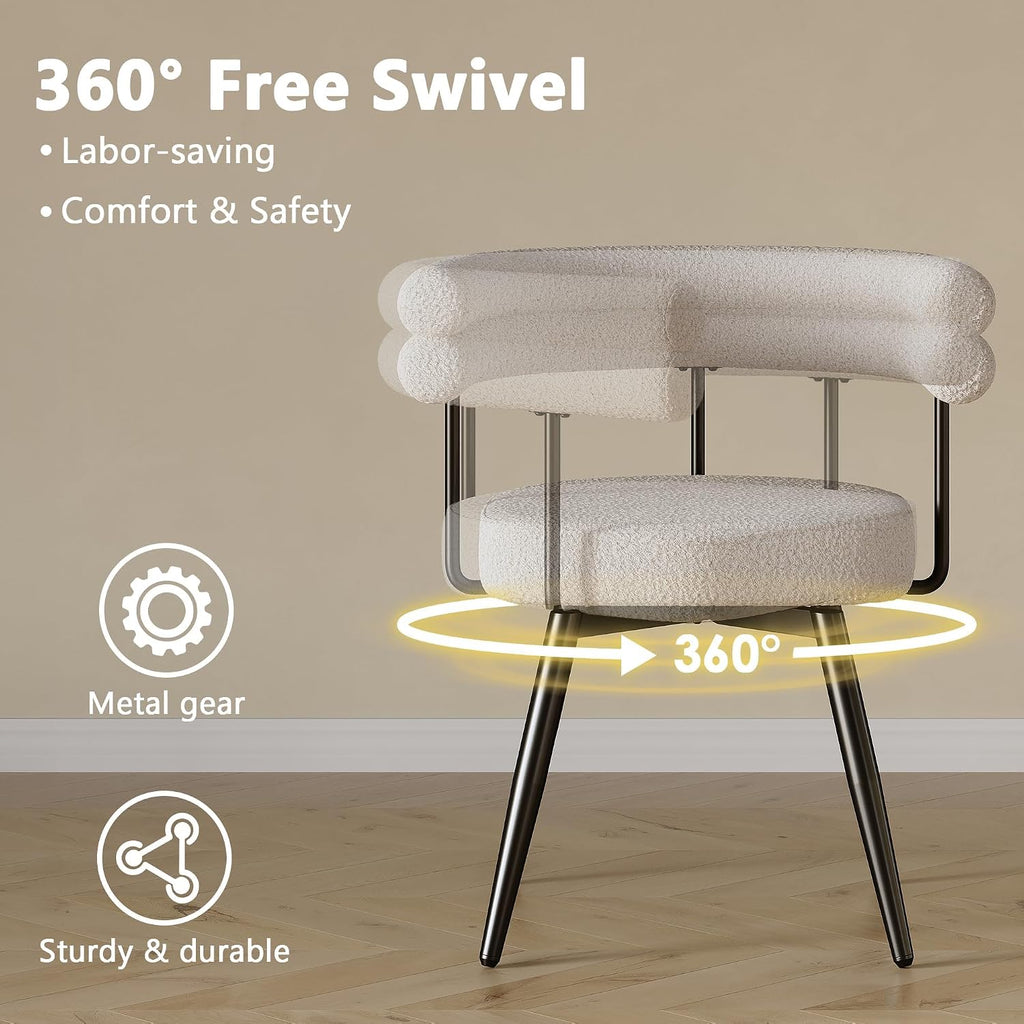 AODAILIHB 360° Swivel Boucle Dining Chairs Set of 2,Modern Upholstered Kitchen Chair with Curved Backrest,Armless Dining Chairs with Metal Legs for Dining Room, Vanity, Living Room, White