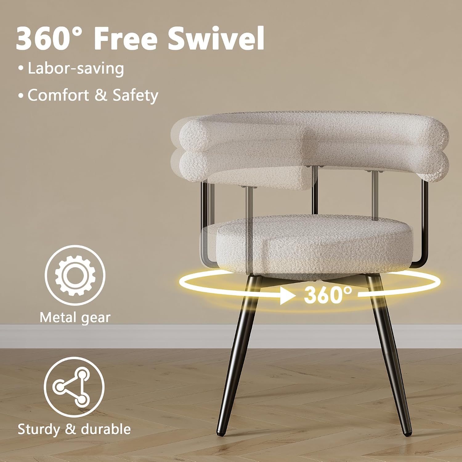 AODAILIHB 360° Swivel Boucle Dining Chairs Set of 2,Modern Upholstered Kitchen Chair with Curved Backrest,Armless Dining Chairs with Metal Legs for Dining Room, Vanity, Living Room, White
