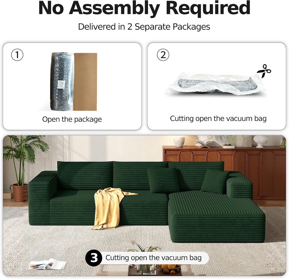 MoonSpeak 107" Sectional Couches for Living Room.Deep Seat Corduroy L Shaped Modular Sofa.Cloud Sectional Sofa.Upholstered Couches with Oversized Chaise(Green,Right Chaise)