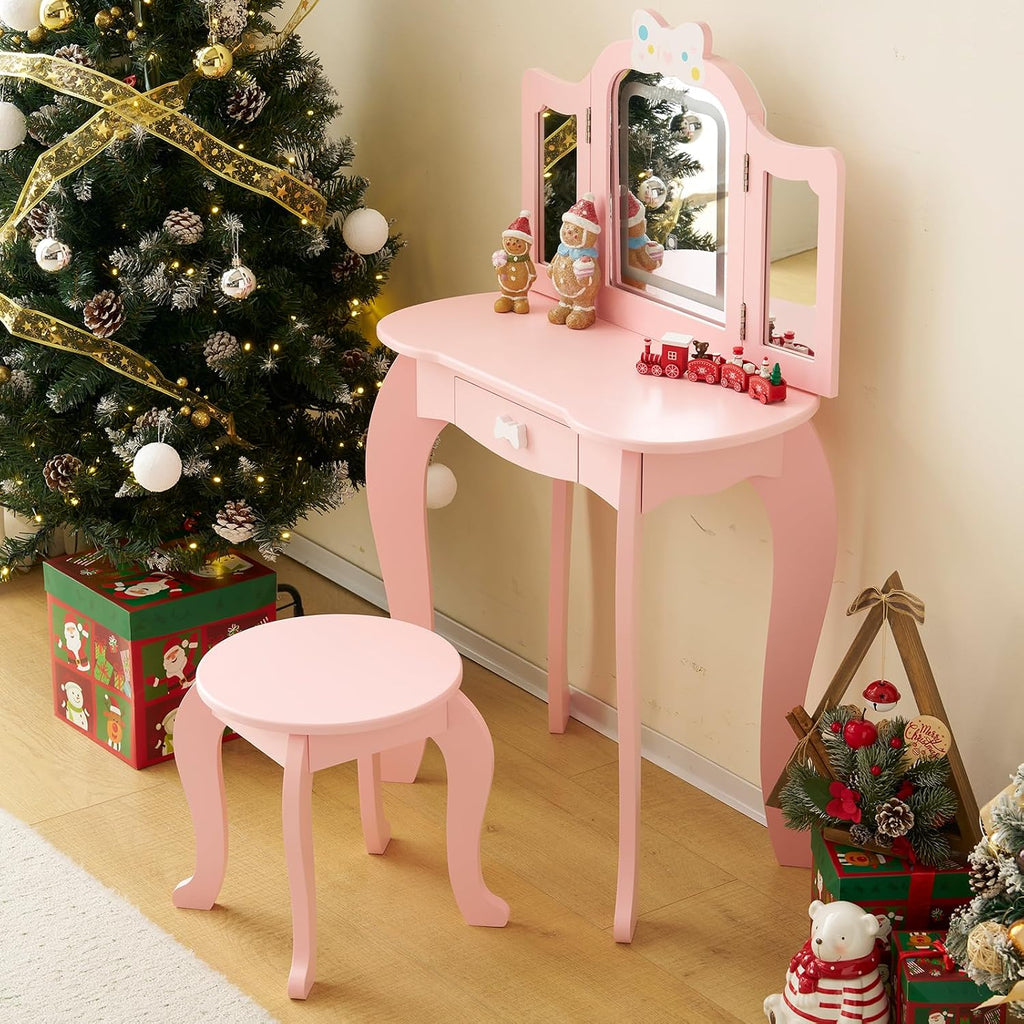 Vanity Set,ShyneeMakeup Dressing Vanity Set Wooden Princess Makeup Table with Cushioned Stool,Drawer,Wooden Legs and Mirror, Make Up Dressing Play Set for Girls (Pink Bow)