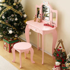 Vanity Set,ShyneeMakeup Dressing Vanity Set Wooden Princess Makeup Table with Cushioned Stool,Drawer,Wooden Legs and Mirror, Make Up Dressing Play Set for Girls (Pink Bow)