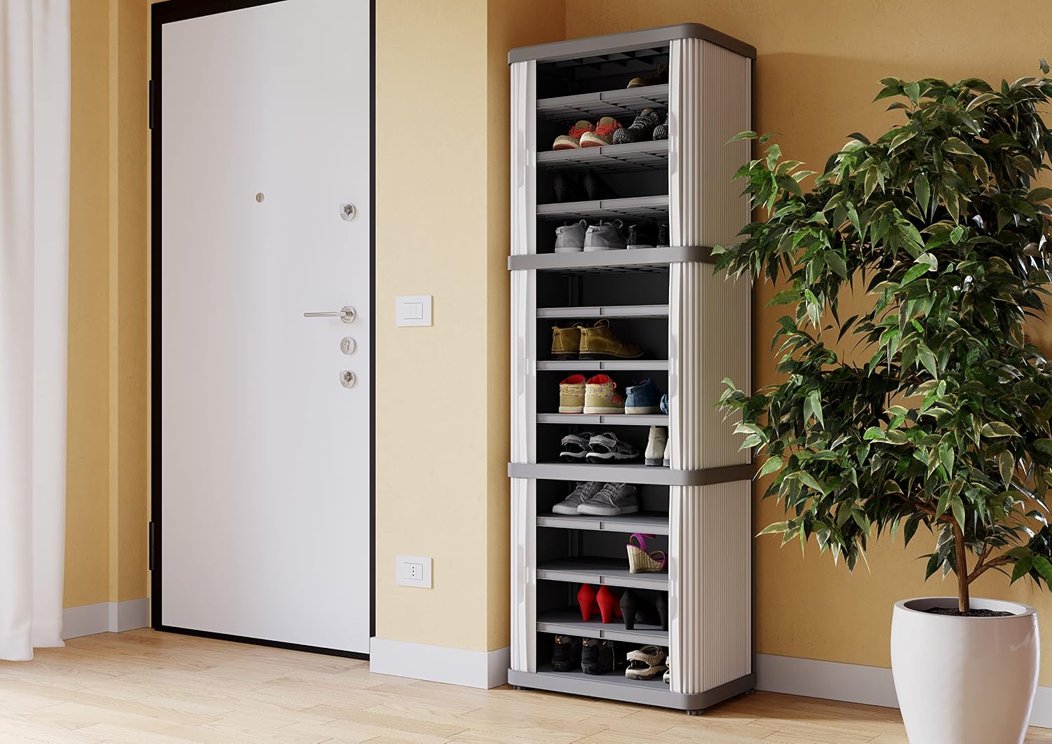 Terry, Rolling Space Cab 2, Indoor and Outdoor 2-Compartment Cabinet with Two Sliding Doors, 2 Adjustable Internal Shelves, Grey, in Recycled Plastic, Dimensions: 59x36x115 cm