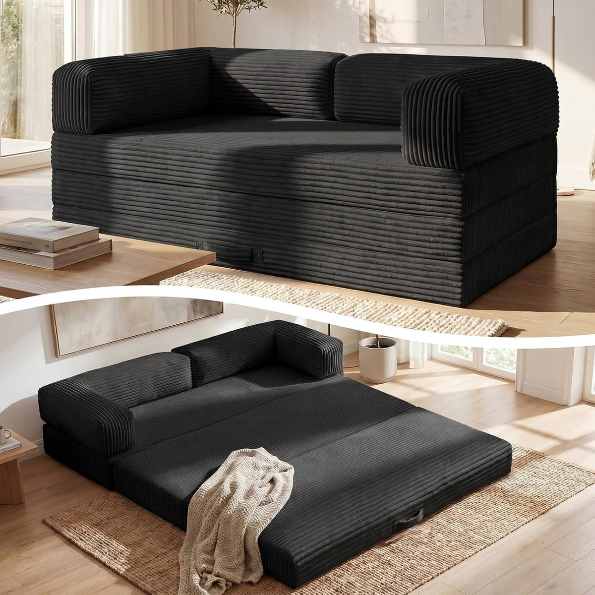 Erament Convertible Sofa Bed, Tri-Folding Mattress Queen Futon Couch Bed, Sleeper Couch Bed with Removable Armrests & Washable Cover for Guest Room, Living Room, Queen, Black