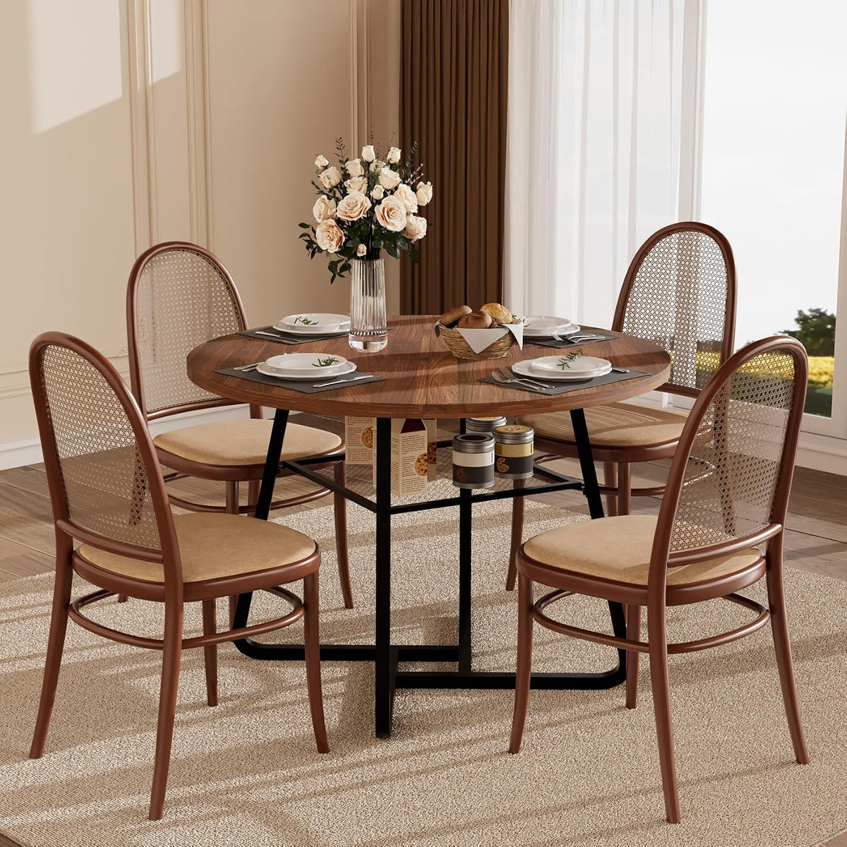 Round Dining Table for 4 People, 43.3 Inches Dining Room Table with Metal Base, Walnut Brown Dinner Tables with Open Storage, Circle Kitchen Tables for Dining Room(Table Only) (Walnut Brown)
