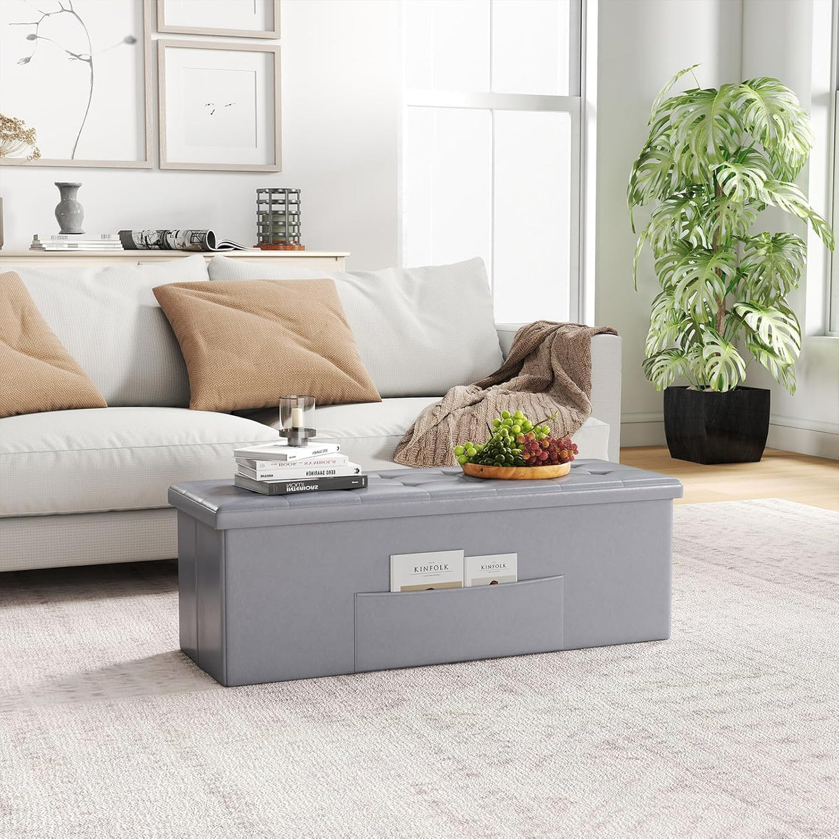 Giantex 43 Inches Folding Storage Ottoman Bench, Upholstered PU Leather Storage Chest with Side Pocket, Padded Seat, End of Bed Bench, Collapsible Ottoman Foot Rest for Living Room, Bedroom & Entryway