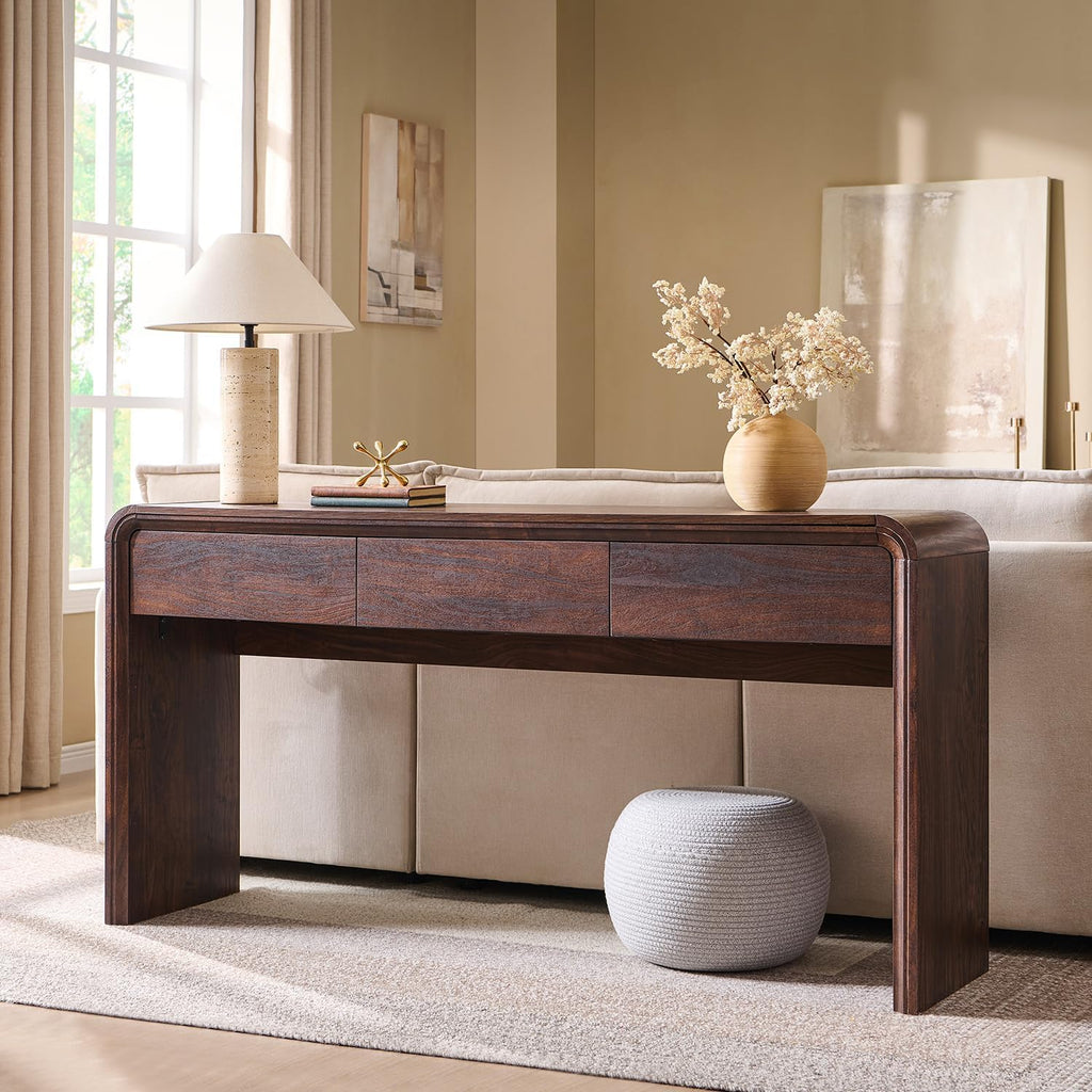 63" Console Table with 3 Drawers, Wood Entryway Table with Storage, Brown | Modern Behind Couch Table with Curved Profile Design, Narrow Long Sofa Table Behind Couch for Living Room, Hallway, Foyer