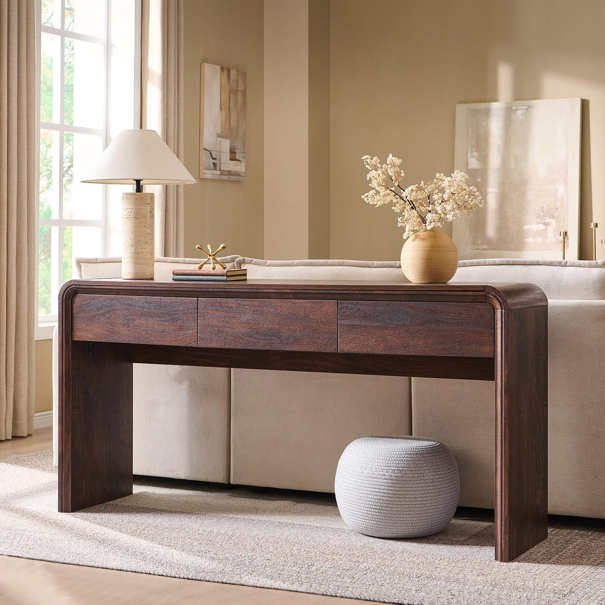 63" Console Table with 3 Drawers, Wood Entryway Table with Storage, Brown | Modern Behind Couch Table with Curved Profile Design, Narrow Long Sofa Table Behind Couch for Living Room, Hallway, Foyer