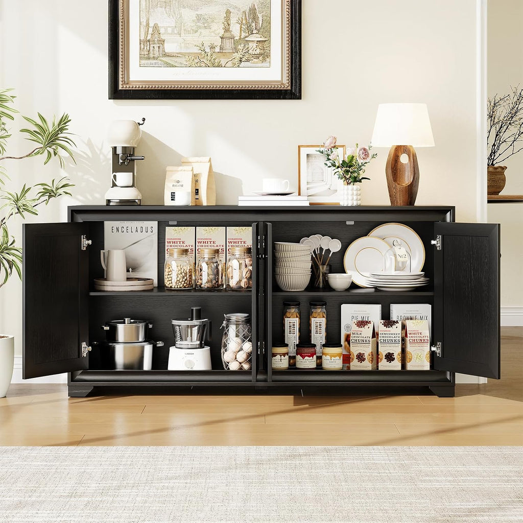 ONBRILL 60" Buffet Cabinet with Storage, 4 Doors Sideboard Buffet Cabinet with Adjustable Shelves, Modern Coffee Bar Console Table for Living Room, Kitchen, Entryway, Black