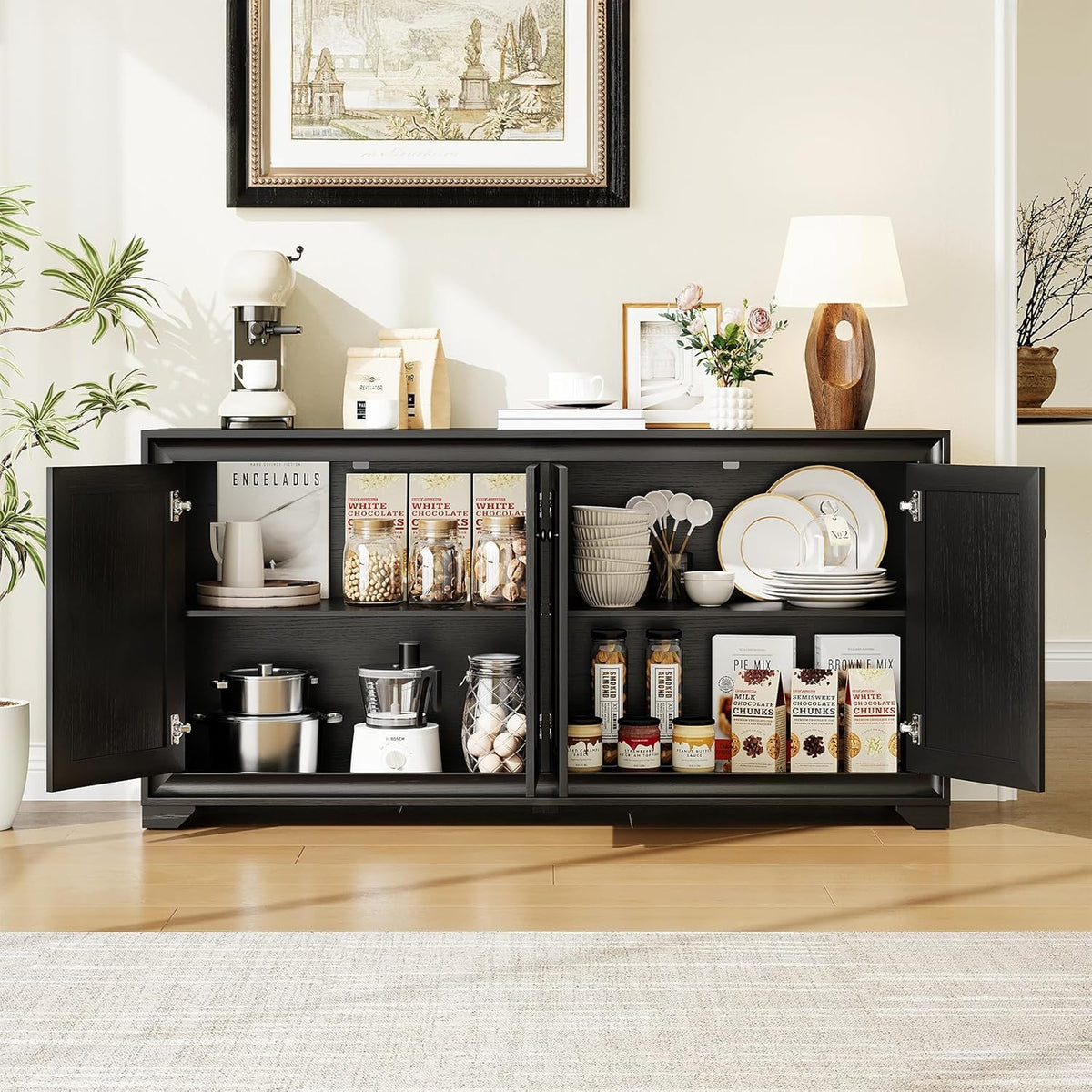 ONBRILL 60" Buffet Cabinet with Storage, 4 Doors Sideboard Buffet Cabinet with Adjustable Shelves, Modern Coffee Bar Console Table for Living Room, Kitchen, Entryway, Black