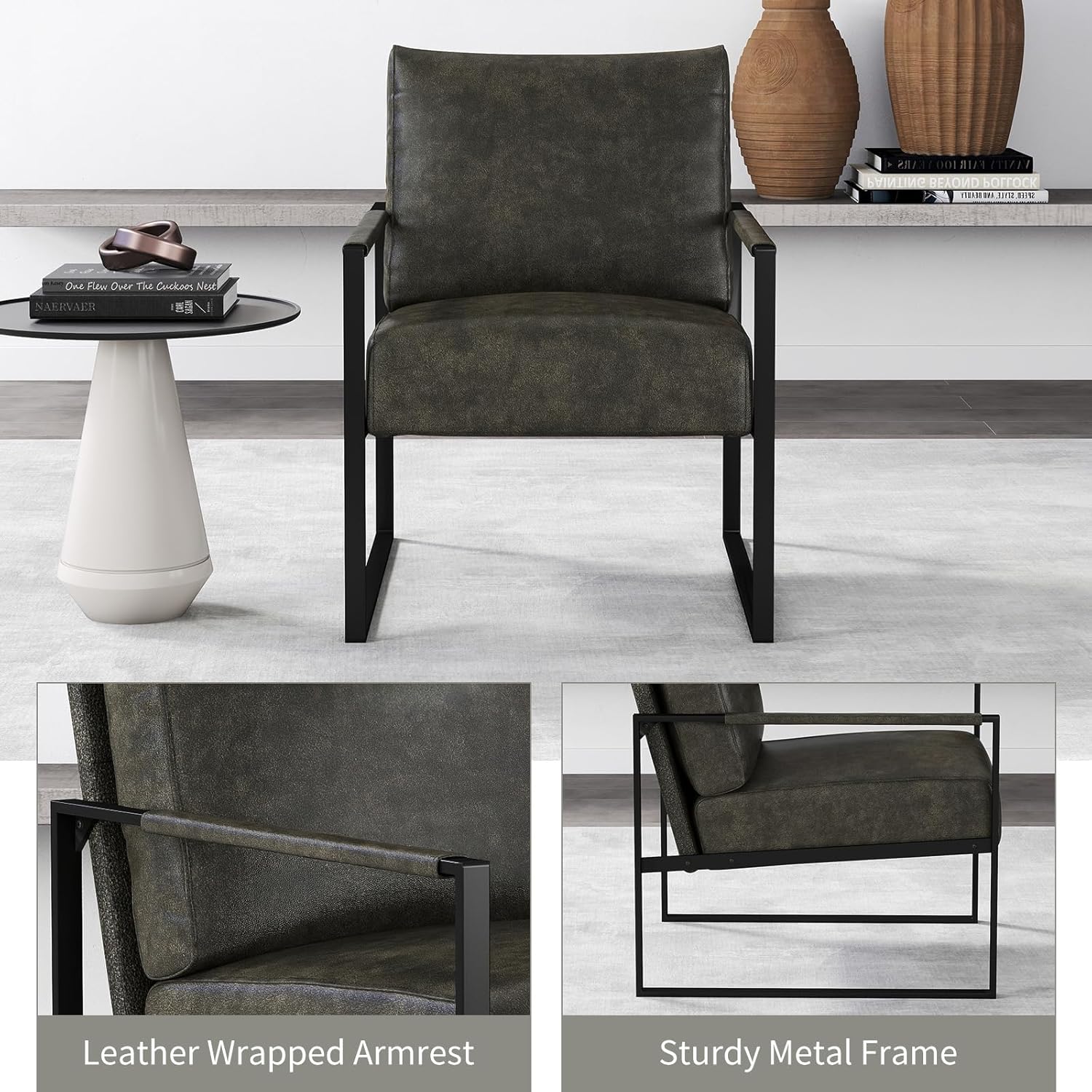 CANMOV Modern Accent Chair Set of 6, PU Leather Armchair with Metal Frame,Comfy Single Reading Chair with Soft Padded Backrest and Cushion for Living Room, Bedroom,Reading Room,Office,Dark Grey