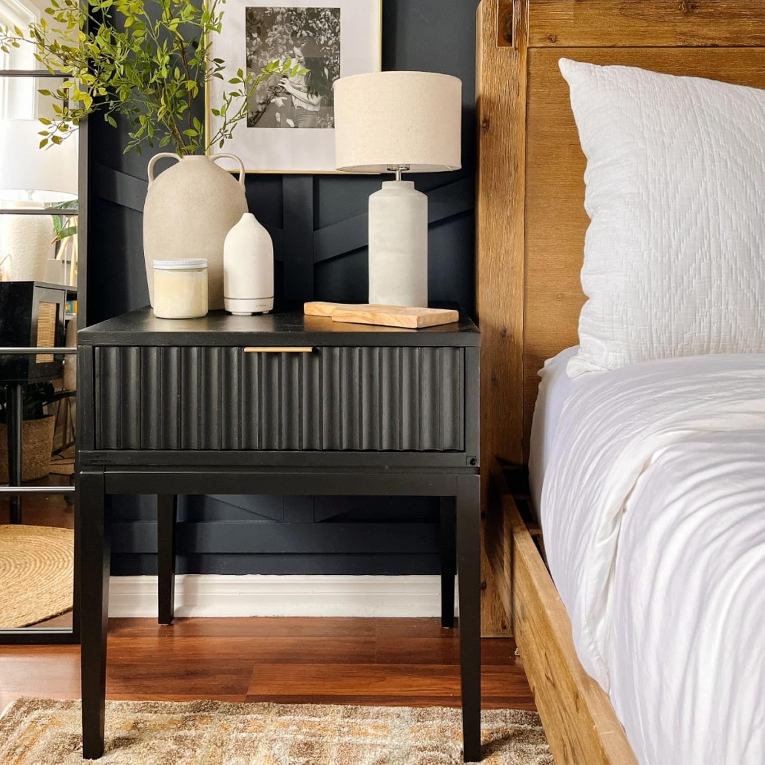 Nathan James Jasper Boho Side Table, Solid Wood Bedroom Nightstand or Bedside Table with Drawer with Fluted Doors and Brass Handles, Black