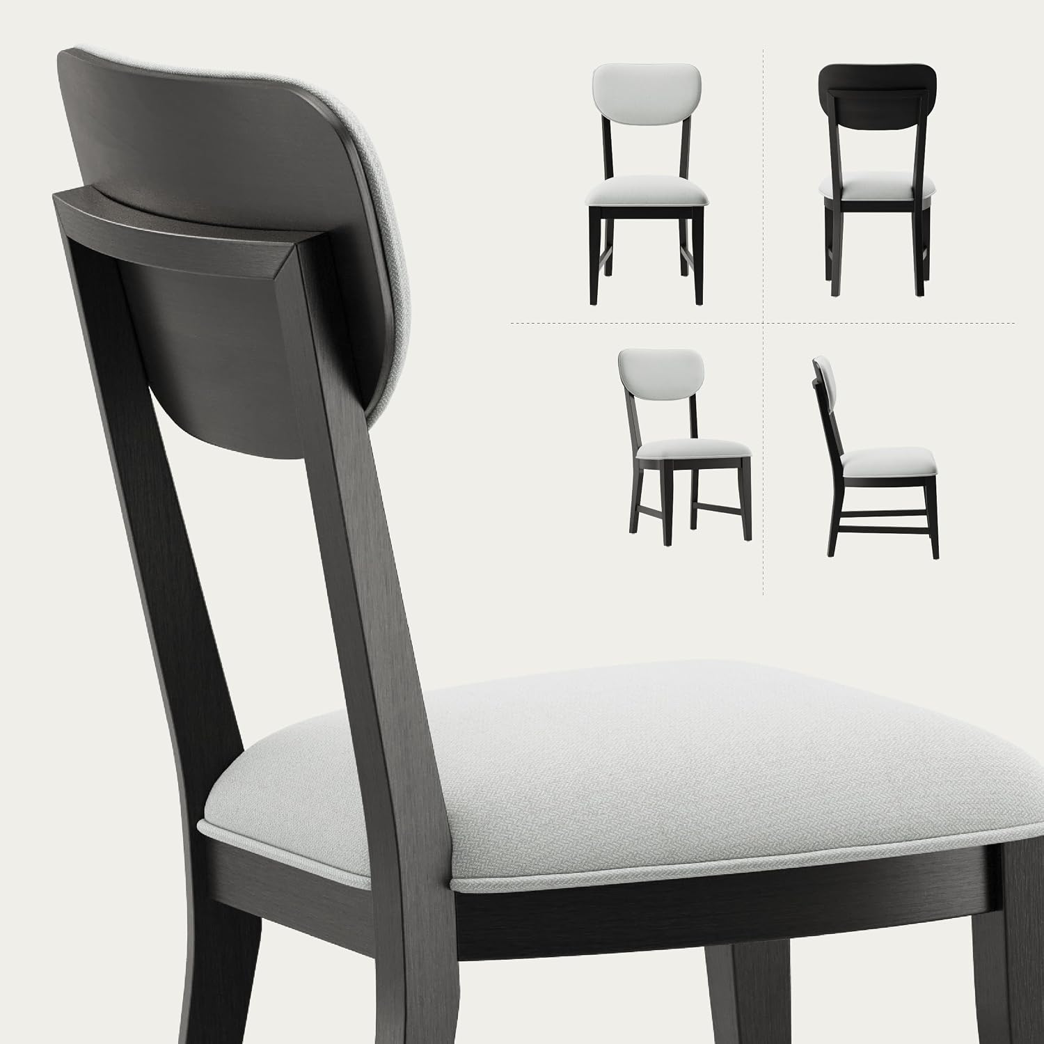 COLAMY Solid Wood Dining Chairs Set of 6, Mid Century Modern Upholstered Kitchen Chairs with 3.3" Thick Cushion, Farmhouse Dining Room Chairs with Level Legs & Wire-Brushed Finish, Black
