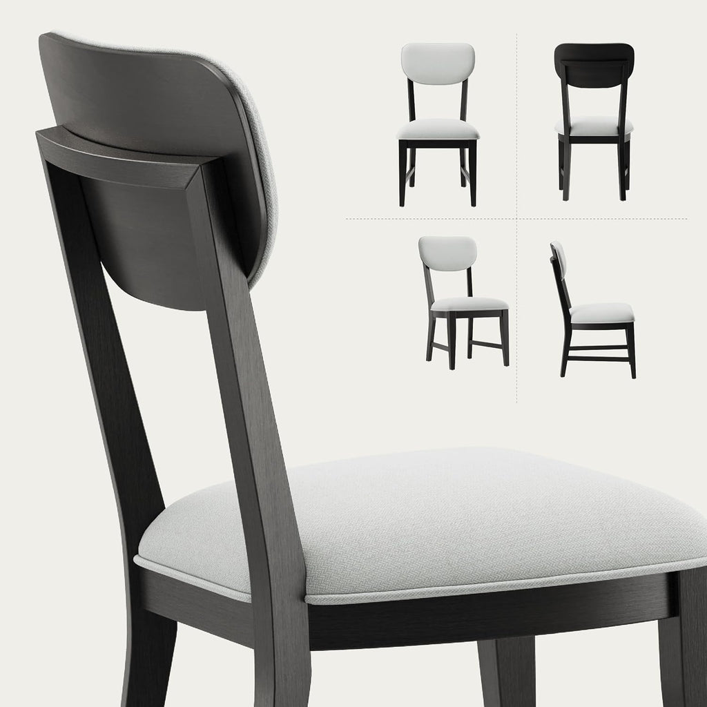 COLAMY Solid Wood Dining Chairs Set of 4, Mid Century Modern Upholstered Kitchen Chairs with 3.3" Thick Cushion, Farmhouse Dining Room Chairs with Level Legs & Wire-Brushed Finish, Black