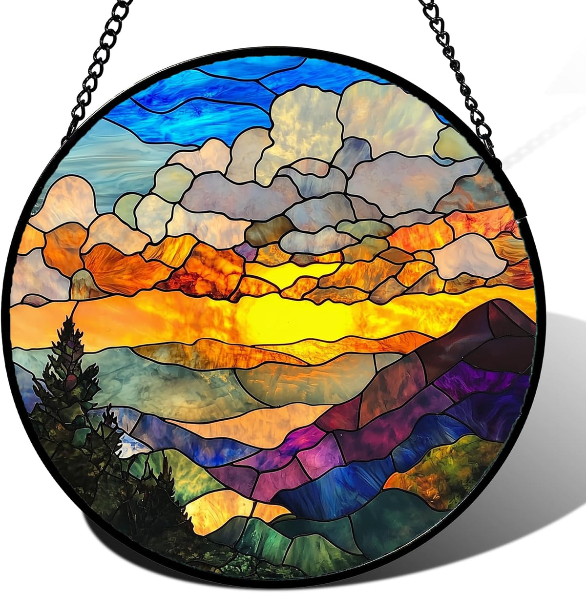 Stained Glass Window Hanging, Abstract Clouds Mountains Landscape Suncatcher for Doors Window Home Sun Catchers Decor Mother's Day Birthday Gifts for Women, Men Mom 11.8 in