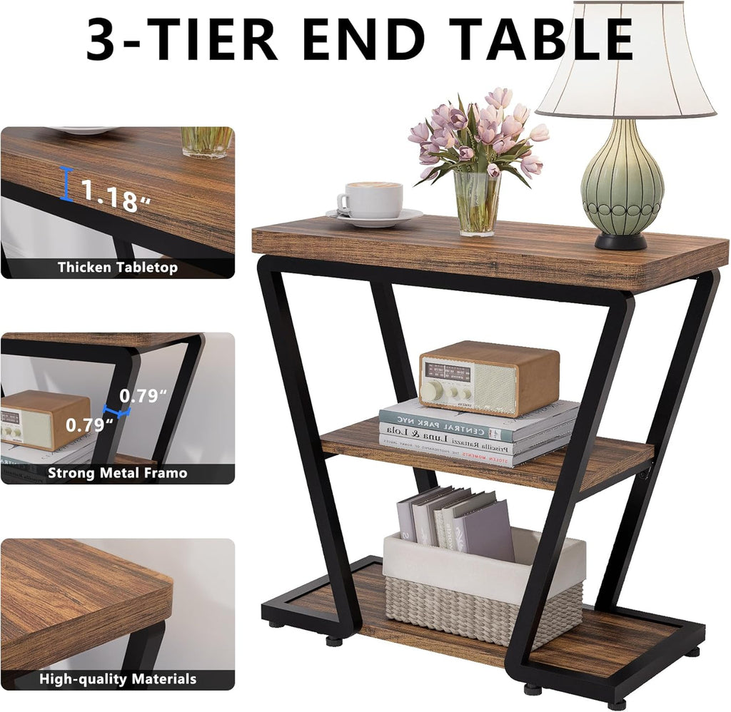 Narrow End Table for Small Spaces, 3-Tier Sofa Side Table with Storage Shelf, Wood and Metal Nightstand for Living Room Bedroom, Rustic Brown