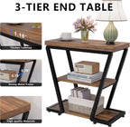 Narrow End Table for Small Spaces, 3-Tier Sofa Side Table with Storage Shelf, Wood and Metal Nightstand for Living Room Bedroom, Rustic Brown