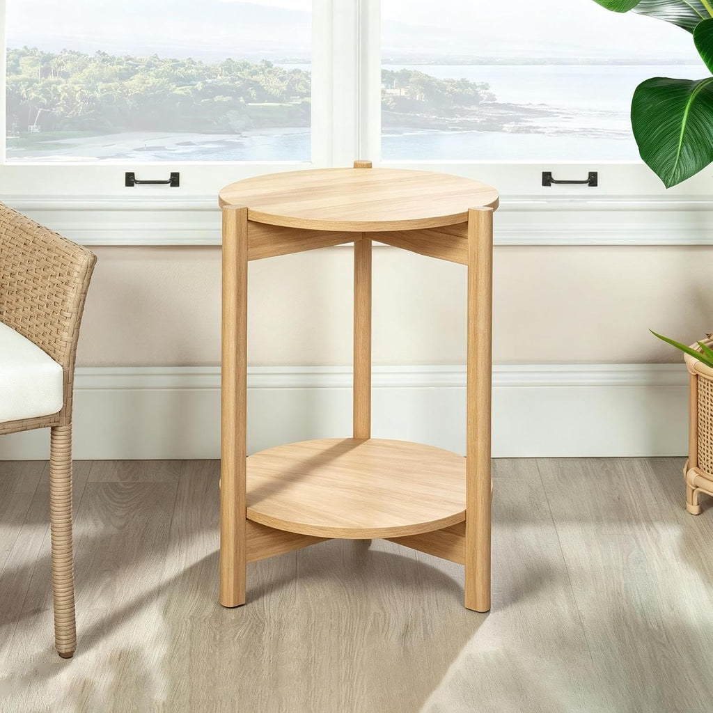 Round Two-Tier Accent End Table, Wood Composite Construction with All-Side Finished Surface and Open Storage Shelving