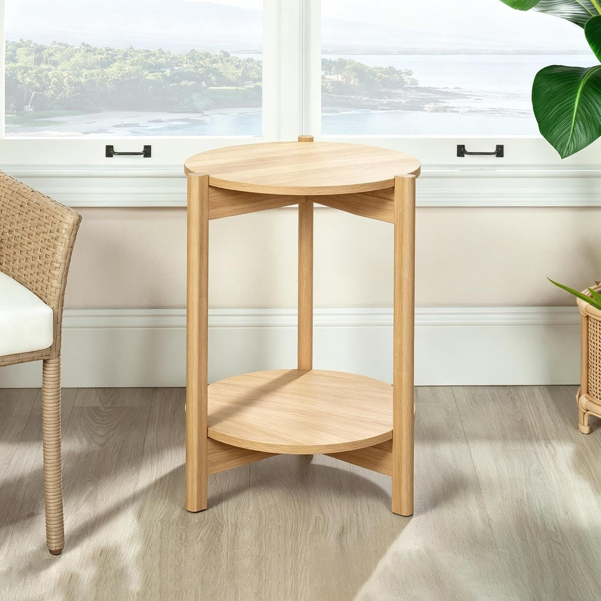 Round Two-Tier Accent End Table, Wood Composite Construction with All-Side Finished Surface and Open Storage Shelving