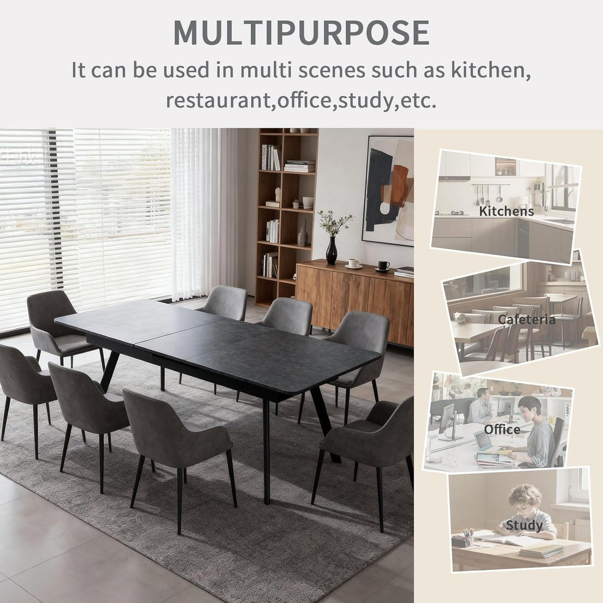 Extendable Dining Table 47-59 Inch - Space-Saving Slide-Out Design, Black Lava MDF Top for 4-8 People, Perfect for Dining Room, Apartment & Home Office