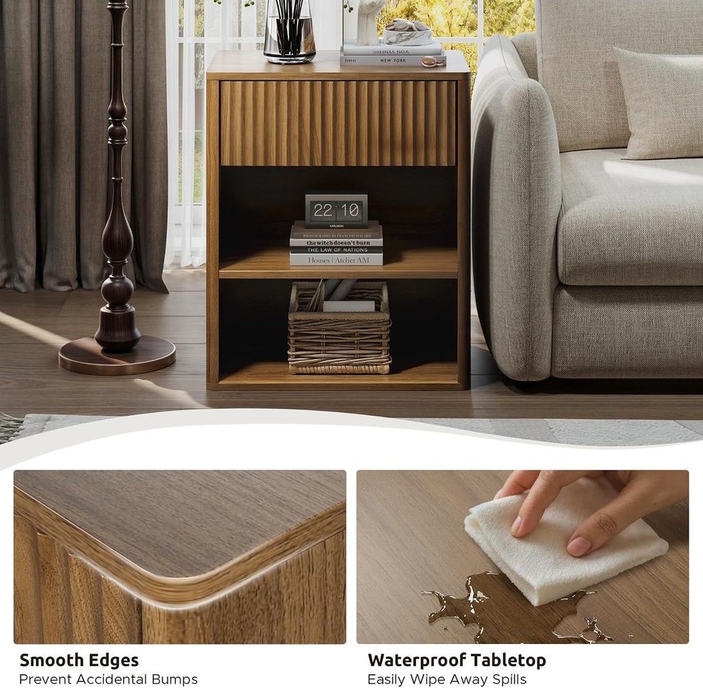 Nightstand Bedside Table Storage Drawer - Large Mid Century Modern Night Stand with Fluted Wood Storage Drawer and Open Shelf Bed Side Table for Bedroom Study Room, Walnut Brown, Set of 1