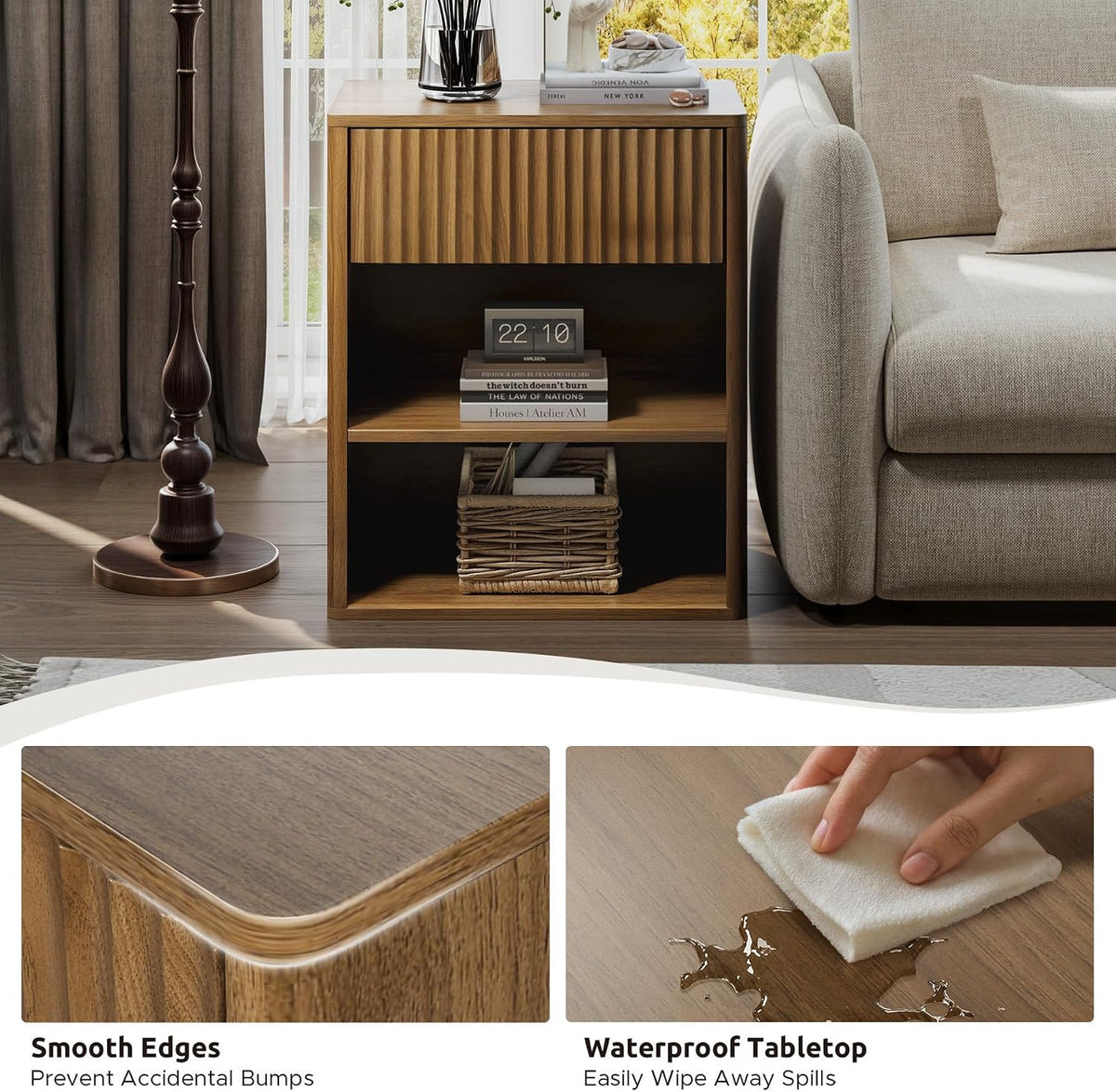 Nightstand Bedside Table Storage Drawer - Large Mid Century Modern Night Stand with Fluted Wood Storage Drawer and Open Shelf Bed Side Table for Bedroom Study Room, Walnut Brown, Set of 1