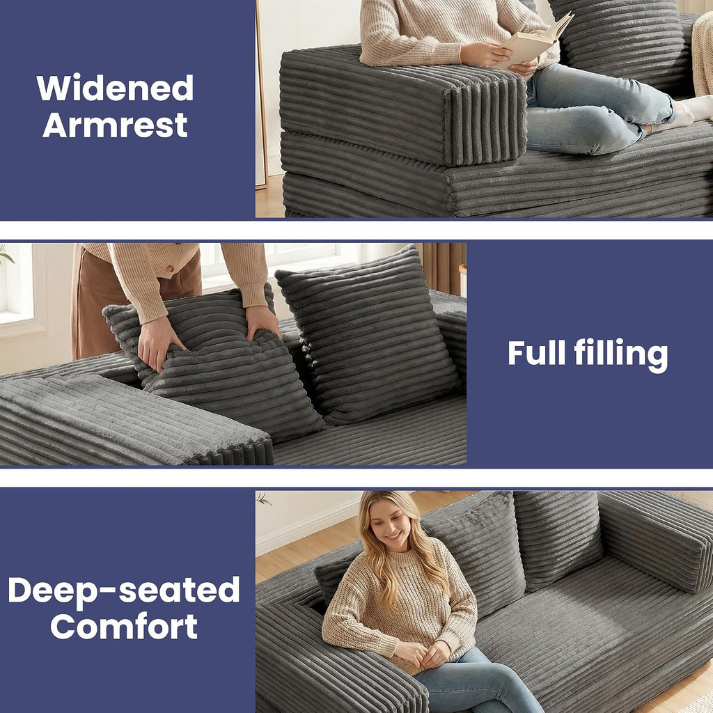 Convertible Sofa Bed, 4-in-1 Loveseat with Removable Armrests Backrest, Corduroy Futon Couch Bed with Pillow, Foldable Mattress Sleeper Sofa for Living Room Bedroom Small Place (Grey)
