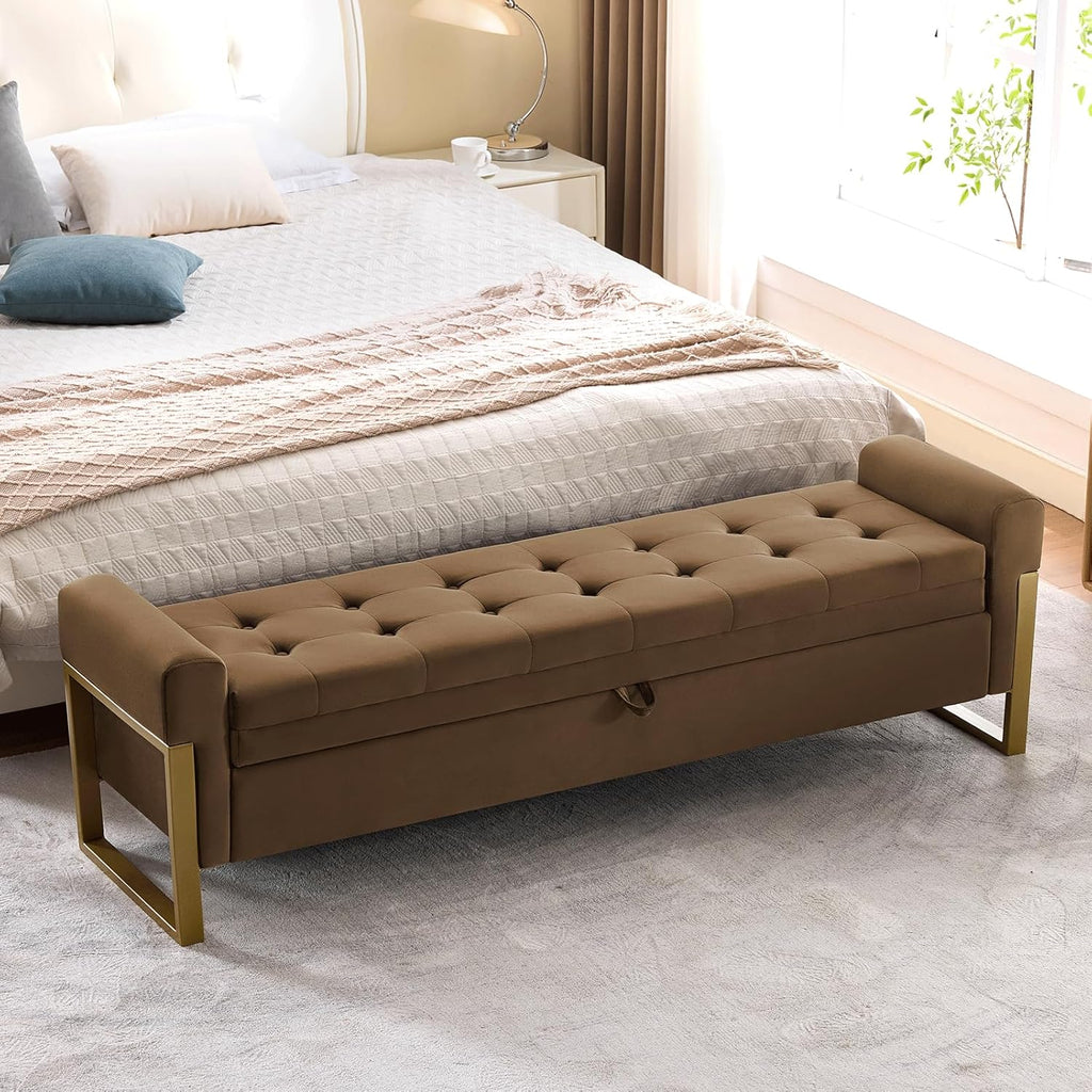 67" Storage Bench for Bedroom, King Size End of Bed Bench, Upholstered Storage Ottoman Bench with Golden Metal Legs, Bedroom Bench for Entryway, Brown