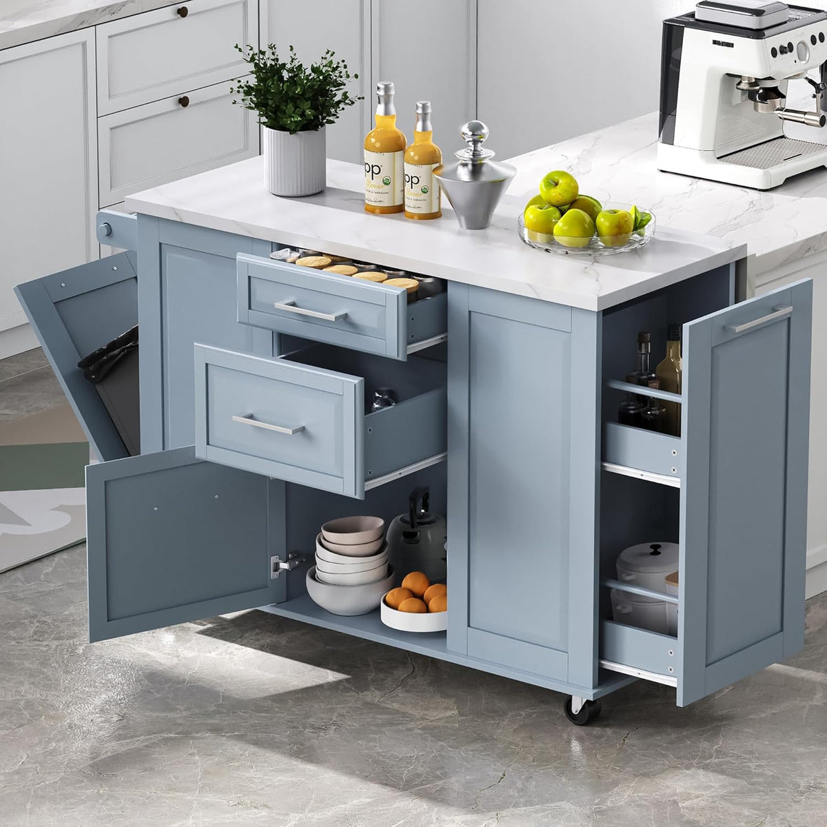 Rolling Kitchen Island Cart with Marble Countertop, Mobile Storage Kitchen Cabinet with Drawers & Cabinets for Small Kitchen Apartment