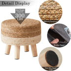 Cpintltr Foot Stool Natural Seagrass Hand Weave Poufs Round Ottoman for Couch Desk Soft Step Stool Padded Foot Rest with Non-Skid Pine Legs for Hallway Office Lounge Natural/White