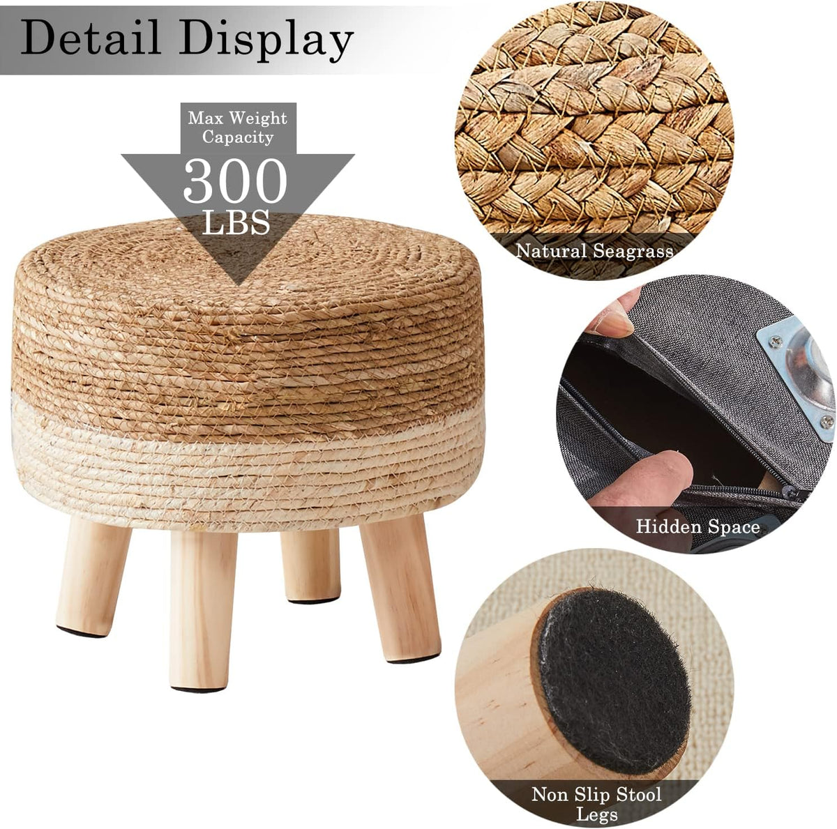 Cpintltr Foot Stool Natural Seagrass Hand Weave Poufs Round Ottoman for Couch Desk Soft Step Stool Padded Foot Rest with Non-Skid Pine Legs for Hallway Office Lounge Natural/White