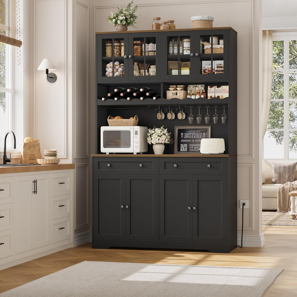 HOSTACK 75" Kitchen Pantry Storage Cabinet, Coffee Bar Hutch Cabinet, Black | Tall Pantry Cabinet with Charging Station / Wide Countertop / Glass Doors / Wine Rack / Cup Holder / Drawers, Dining Room