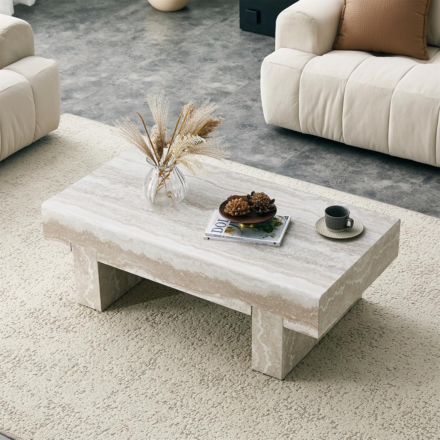 46'' Modern Coffee Table for Living Room, Marble Pattern Stone Travertine Coffee Table with Storage Thick Sturdy Legs for Dining Room Apartment Small Space (Stone Travertine Pattern)