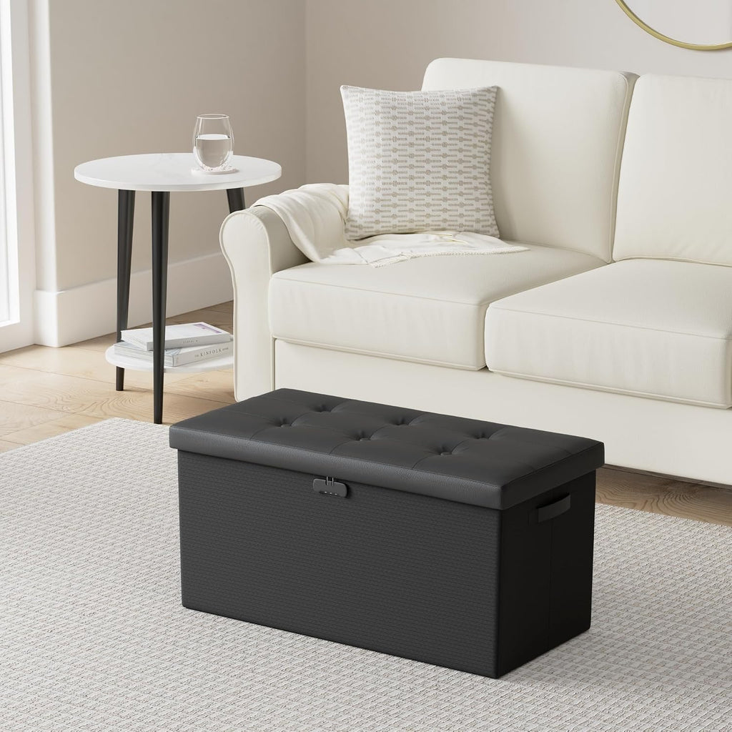 DocSafe Storage Ottoman Bench with Lock,Fireproof 30 Inches Folding Bench Foot Rest Stool Storage Chest Safe for Living Room,Bedroom,Home Office,Waterproof Leather Ottoman with Handles,Black